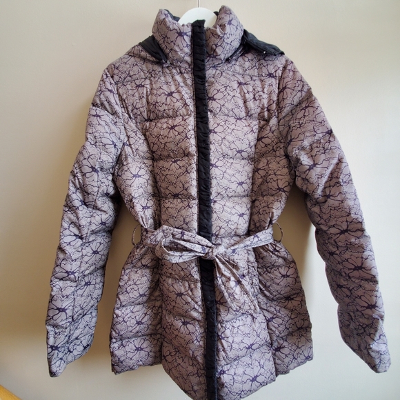 Betsey Johnson brown floral lace print down winter coat with detachable hood, M - Picture 2 of 15